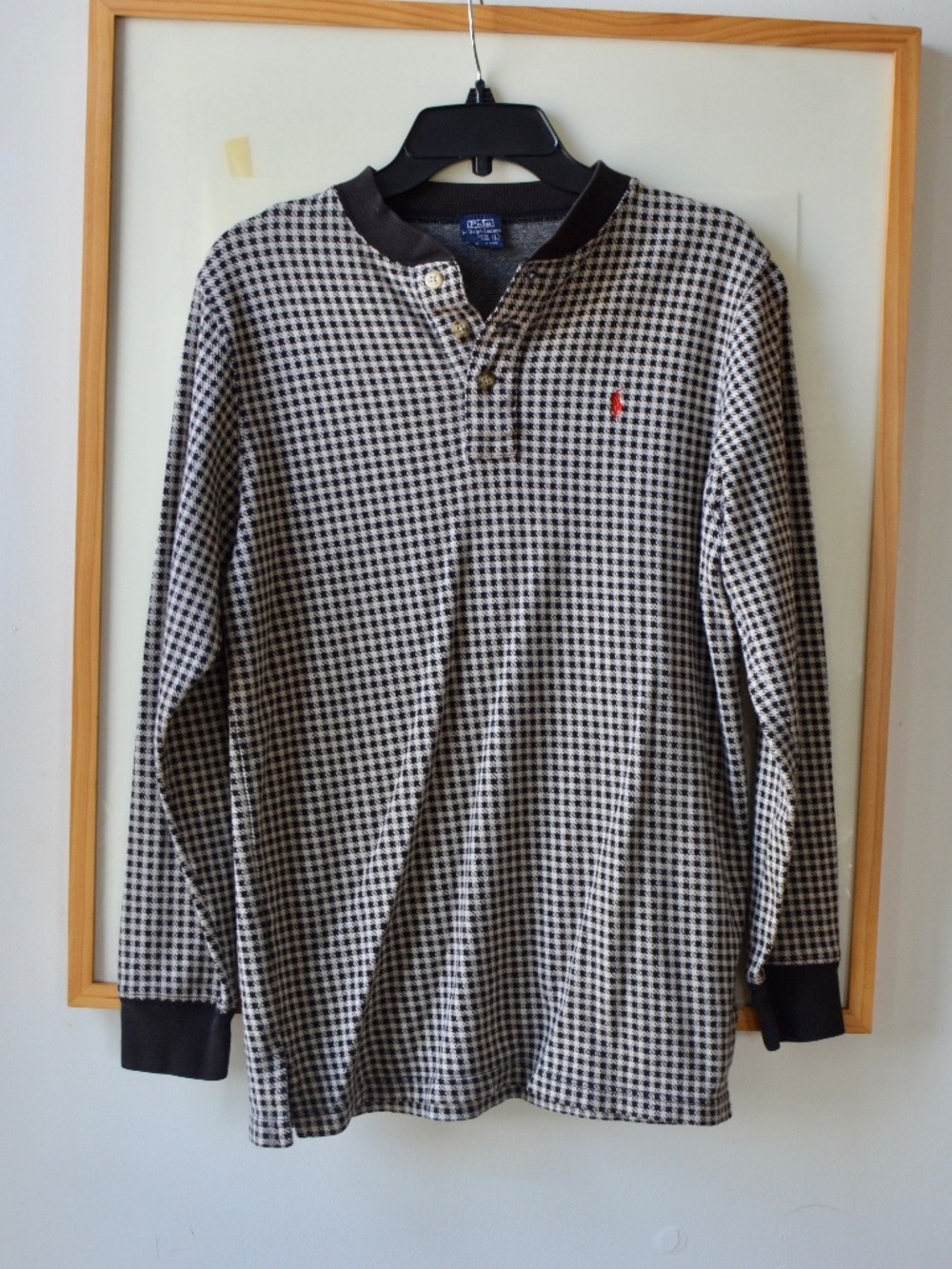 Vintage 1990s Ralph Lauren Houndstooth Black and White Long Sleeve Henley Size L